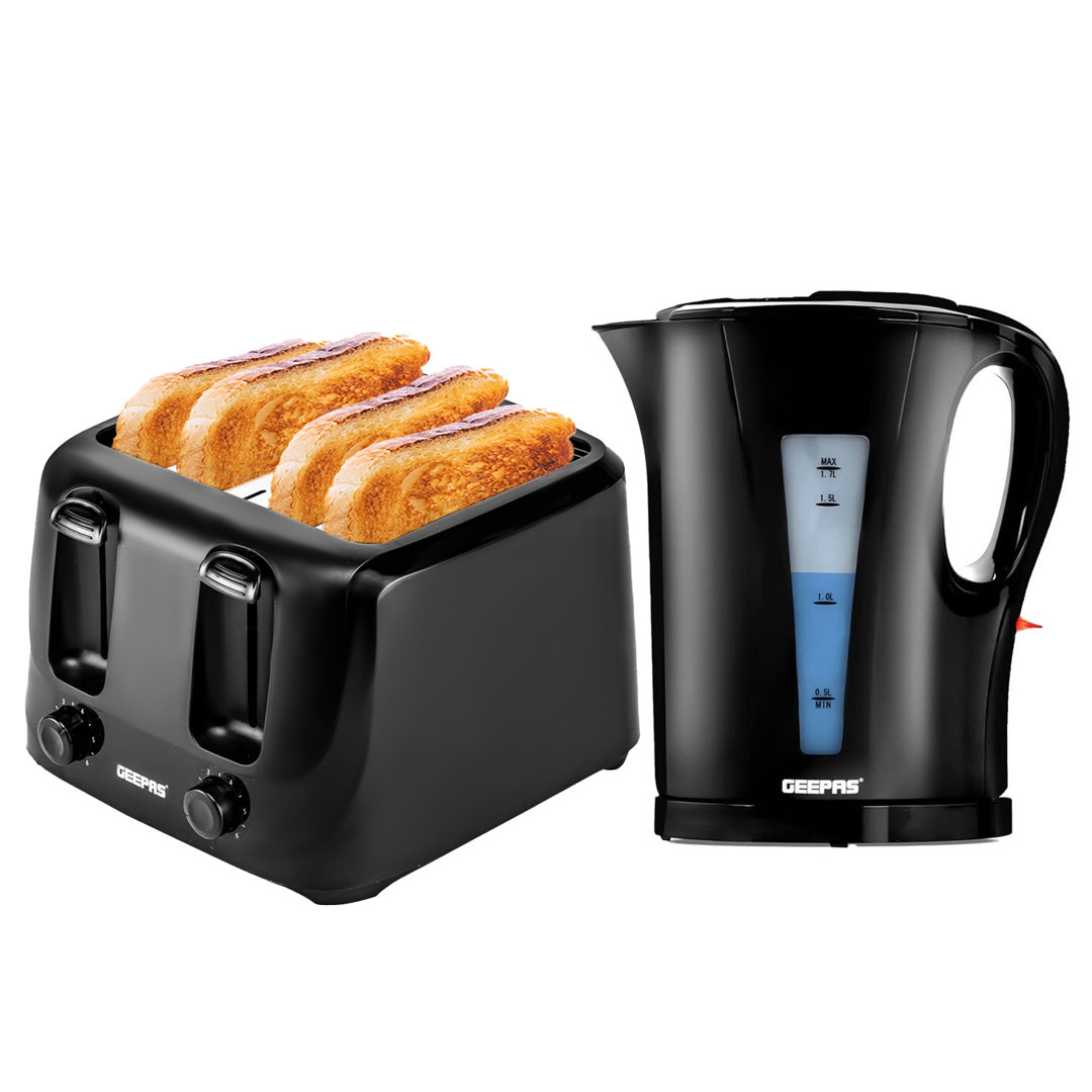 Geepas 1.7L Cordless Electric Kettle & 4 Slice Bread Toaster Kitchen Combo Set Black 4 - Slice